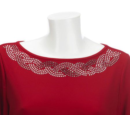 Quacker Factory DreamKnit Trapeze 3/4 Sleeve Top w/ Stone Detail