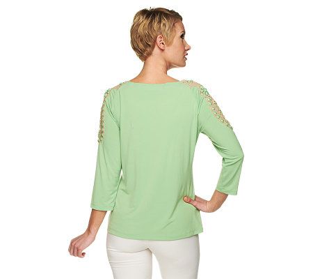 George Simonton Milky Knit 3/4 Sleeve Knit Top Crochet Detail