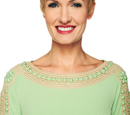 George Simonton Milky Knit 3/4 Sleeve Knit Top Crochet Detail