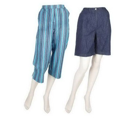 As Is Denim & Co. Classic Waist Striped Capri Pants and Solid Shorts - A237154
