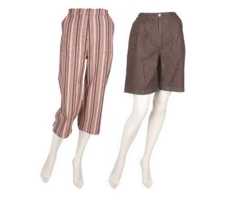 As Is Denim & Co. Classic Waist Striped Capri Pants and Solid Shorts - A237154