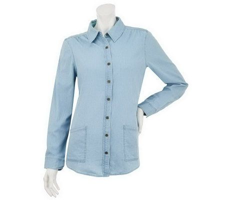 As Is Denim & Co. Chambray Button Front Big Shirt with Pockets - A237454