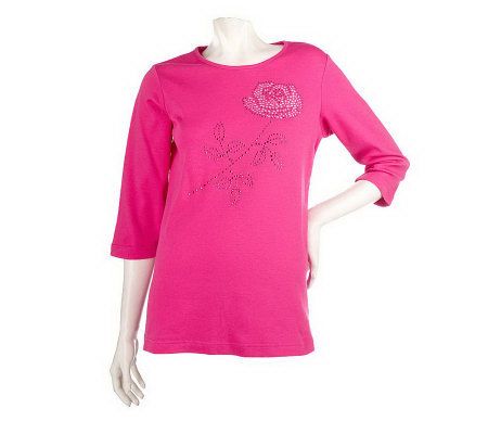 Quacker Factory Long Stem Rose Rhinestone 3/4 Sleeve Knit Top - A81754