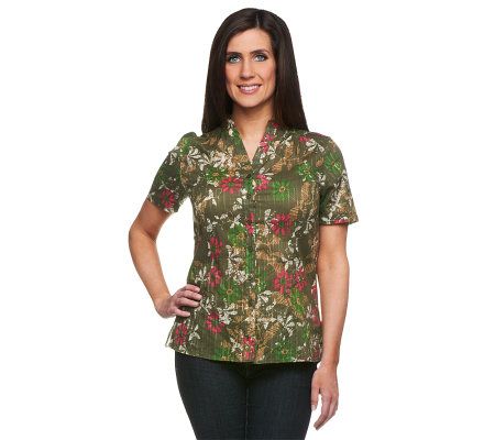 Denim & Co. Short Sleeve Printed Novelty Y-Neck Top - A199955