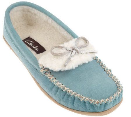 Clarks Suede Moccasin Slippers with Faux Fur Lining & Bow Detail - A210955