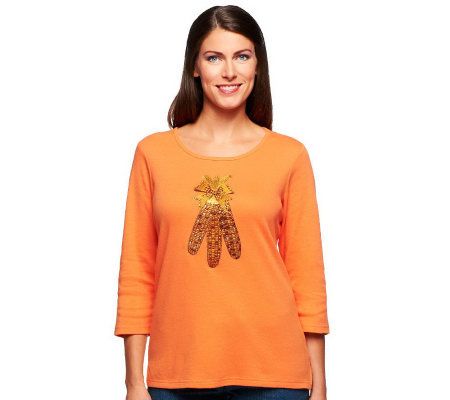 Quacker Factory 3/4 Sleeve Scoop Neck Harvest T-shirt - A217155