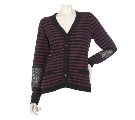 LOGO by Lori Goldstein Striped Cardigan with Lace Detail - A218855