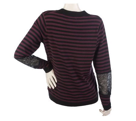 LOGO by Lori Goldstein Striped Cardigan with Lace Detail