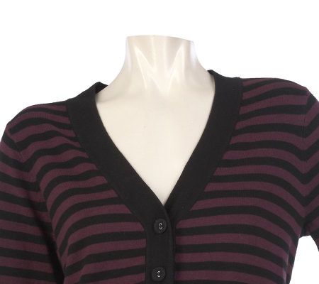 LOGO by Lori Goldstein Striped Cardigan with Lace Detail