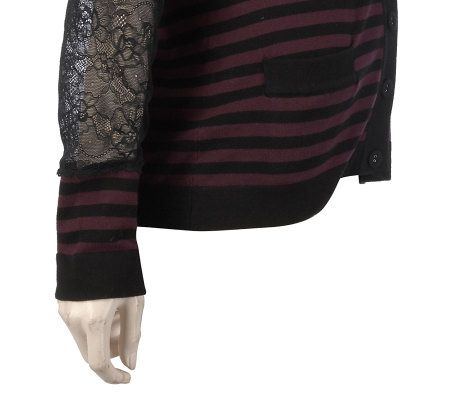 LOGO by Lori Goldstein Striped Cardigan with Lace Detail