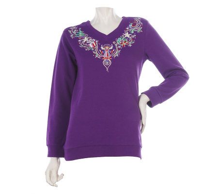 Bob Mackies Holiday Embroidered French Terry V-neck Top - A219655