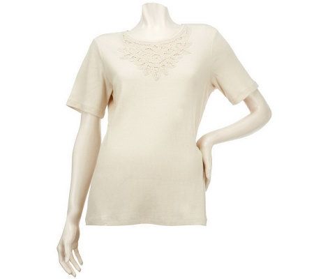 Denim & Co. Short Sleeve Rib T-shirt w/ Battenburg Lace Neckline Detail - A223955