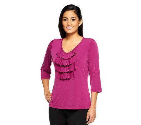 Susan Graver Liquid Knit 3/4 Sleeve V-Neck Top with Ruffle Front - A93455