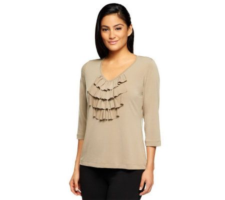 Susan Graver Liquid Knit 3/4 Sleeve V-Neck Top with Ruffle Front - A93455