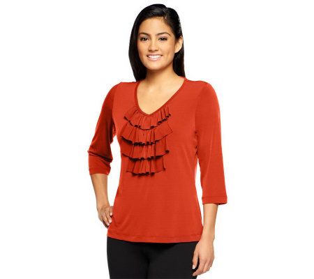 Susan Graver Liquid Knit 3/4 Sleeve V-Neck Top with Ruffle Front - A93455