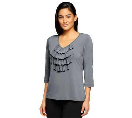 Susan Graver Liquid Knit 3/4 Sleeve V-Neck Top with Ruffle Front - A93455