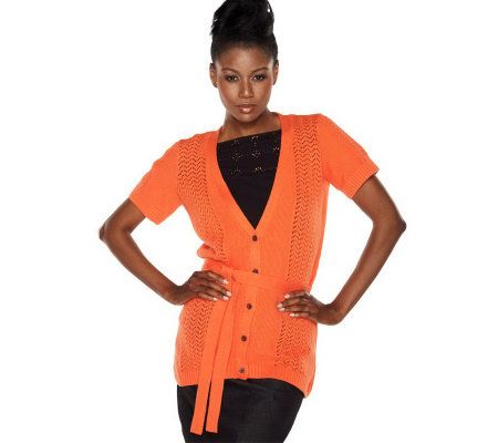 Isaac Mizrahi Live! Mixed Stitch Stretch Knit Belted Cardigan - A202756