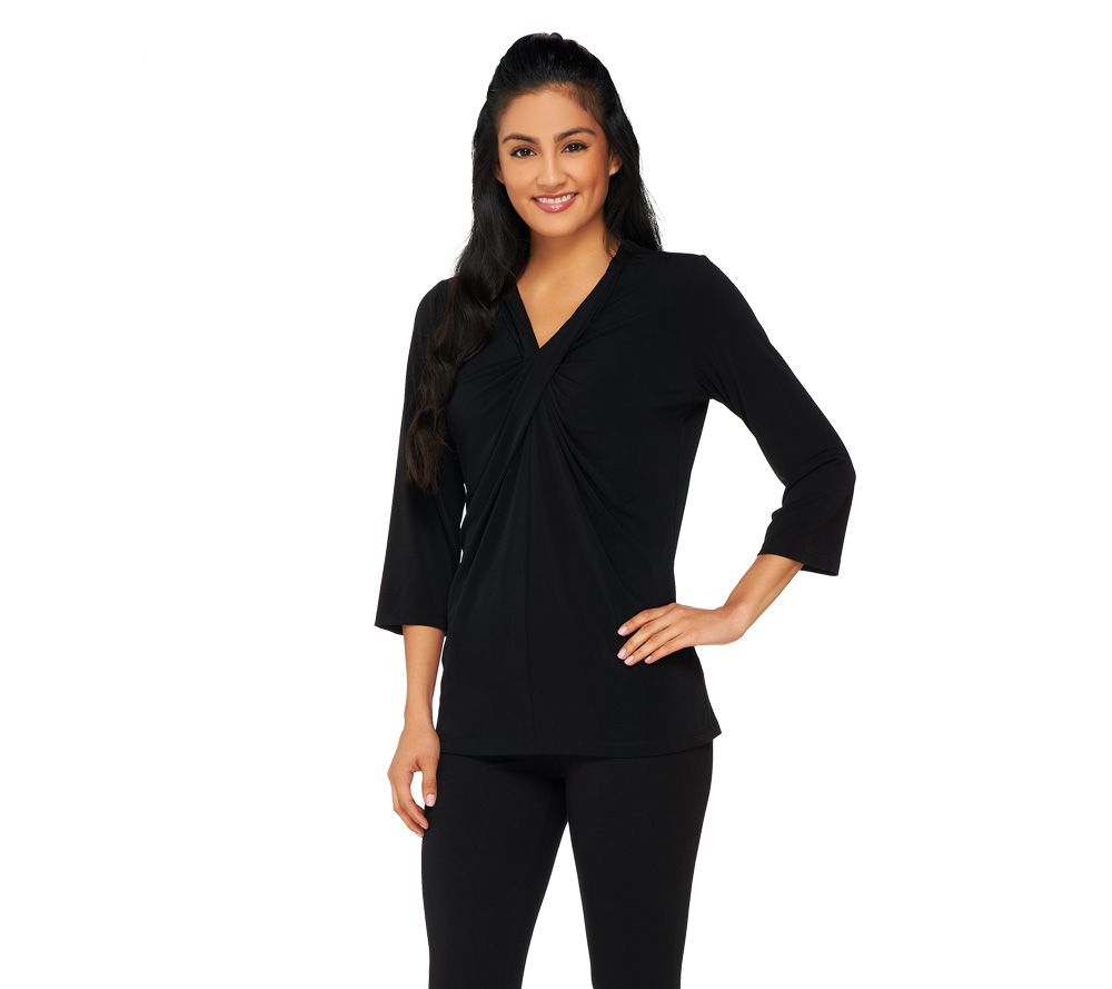 Susan Graver Liquid Knit Twisted V-neck 3/4 Sleeve Top - A224856