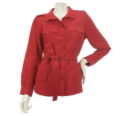 Linea by Louis DellOlio Roll Tab Button Front Shirt with Belt - A226256