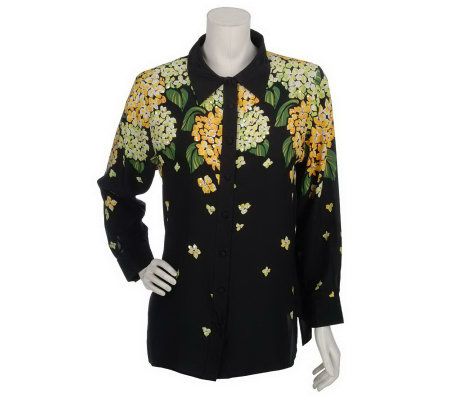 Bob Mackies 100Silk Hydrangea Print Beaded Blouse - A47056