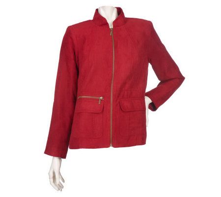 Susan Graver Faux Suede Zip Front Jacket with Patch Pockets - A93456