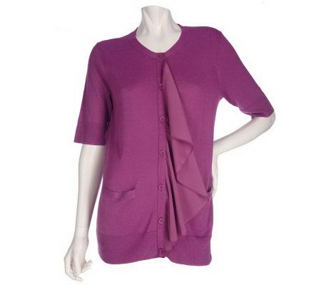 LOGO by Lori Goldstein Ruffle Detail Cardigan with Elbow Sleeves - A201157