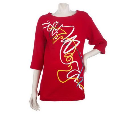 Bob Mackies Graffiti Print 3/4 Sleeve Knit Top - A202157