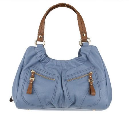 B. Makowsky Pebble Leather Zip Top Pocket Tote with Woven Handles - A210957