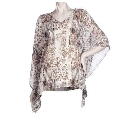 Susan Graver Yoryu Chiffon Patchwork Print V-neck Scarf Top - A213357