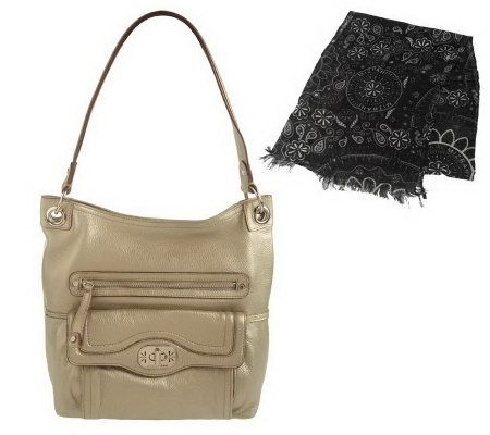 Isaac Mizrahi Live! Pebble Leather Bucket Hobo Bag with Scarf - A213757