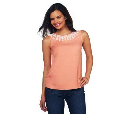 Isaac Mizrahi Live! Linen Blend Sleeveless Top w/ Beaded Neck - A215657