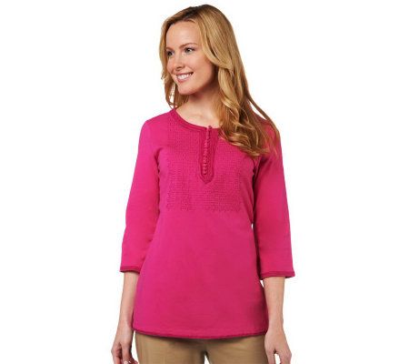 Isaac Mizrahi Live! 3/4 Sleeve Embroidered Knit Henley - A216057