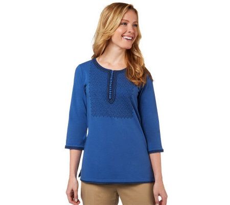 Isaac Mizrahi Live! 3/4 Sleeve Embroidered Knit Henley - A216057