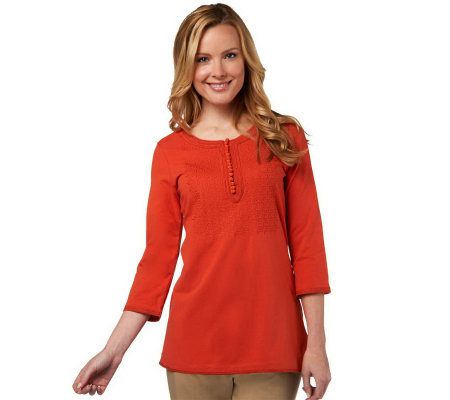 Isaac Mizrahi Live! 3/4 Sleeve Embroidered Knit Henley - A216057