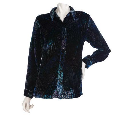 Bob Mackies Printed Velvet Button Front Blouse with Button Cuffs - A218557