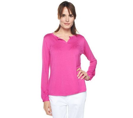 Liz Claiborne New York Split Neck T-Shirt with Pintucks - A219157