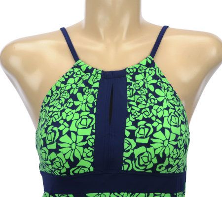 Fit 4 U Thighs Abstract Roses Hi-Neck Swim Dress