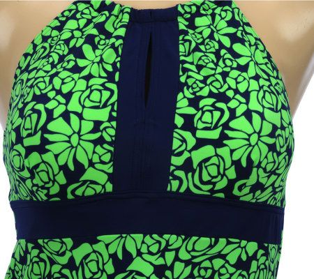 Fit 4 U Thighs Abstract Roses Hi-Neck Swim Dress