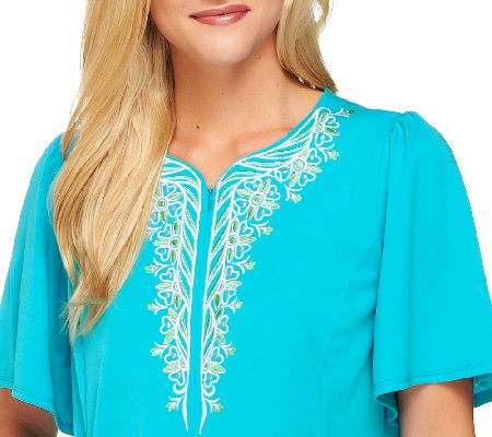 Bob Mackies Embroidered Zip Front Short Sleeve Caftan