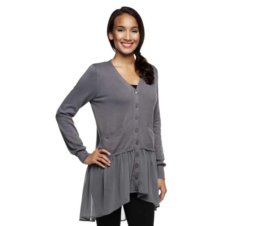 LOGO by Lori Goldstein V-neck Cardigan with Chiffon Detail - A229357
