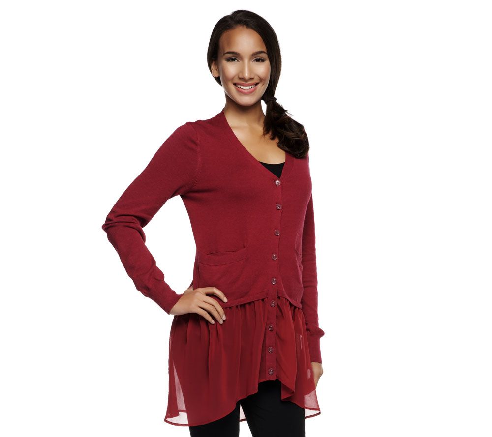 LOGO by Lori Goldstein V-neck Cardigan with Chiffon Detail - A229357