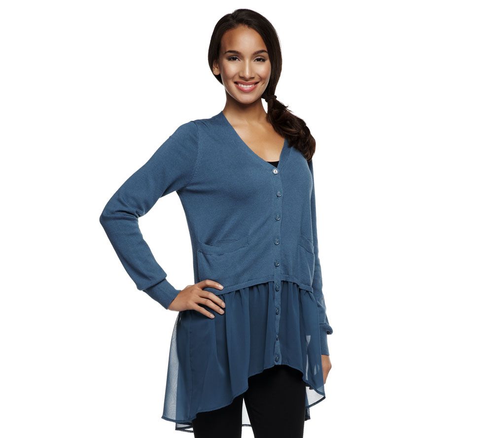 LOGO by Lori Goldstein V-neck Cardigan with Chiffon Detail - A229357