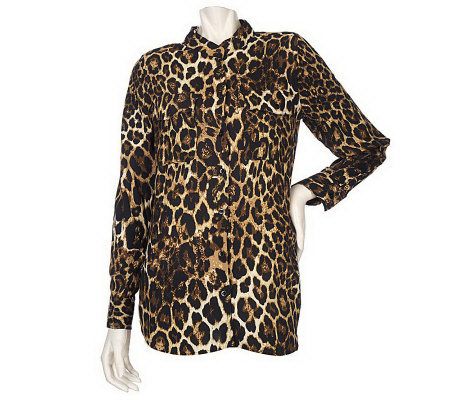 Susan Graver Challis Animal Print Button Front Shirt w/Pockets - A209558