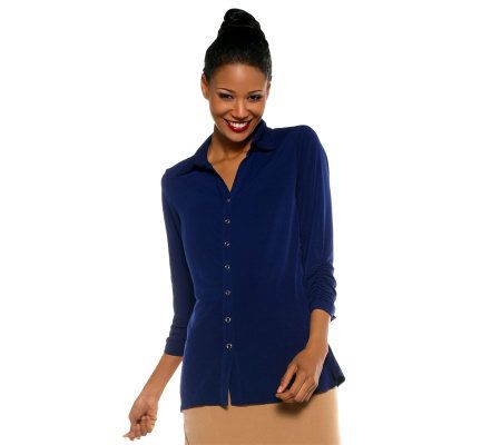 Susan Graver Liquid Knit Button Front Collared Shirt w/3/4 Sleeves - A220658
