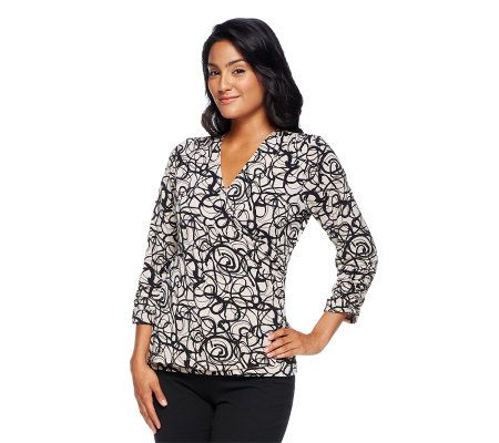 Susan Graver Printed Liquid Knit Surplice V-neck Wrap Top - A224858