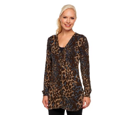 LOGO by Lori Goldstein Animal Print Cardigan with Hi-Low Hem - A228458