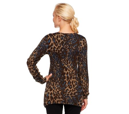 LOGO by Lori Goldstein Animal Print Cardigan with Hi-Low Hem