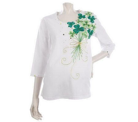 Quacker Factory Beaded Shamrock Motif 3/4 Sleeve Knit Top - A76458