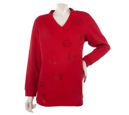 Quacker Factory Rhinestone Paw Print V-neck Sweatshirt - A84558