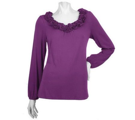 Motto Long Sleeve Knit Top with Floral Ruffle Trim - A94858